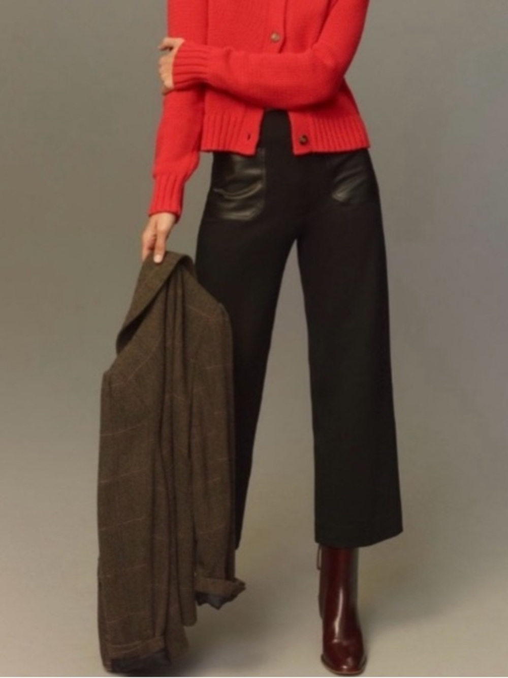 Anthropologie Maeve Colette Crop Wide Leg Vegan Leather Pocket Black Pants 25